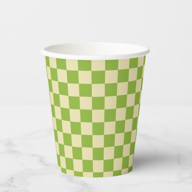 Gobelets En Papier Motif en damier esthétique rétro Vert Blanc  (Recto)