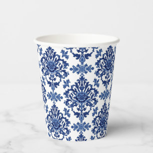 Gobelets En Papier Motif floral baroque bleu royal et blanc de luxe