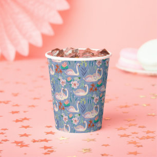 Gobelets En Papier Motif floral botanique bleu d'oiseaux cygnes