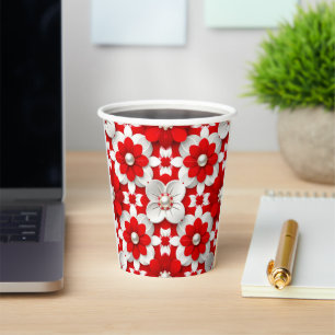 Gobelets En Papier Motif floral rouge et blanc vibrant avec perle