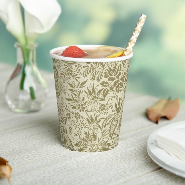 Gobelets En Papier Motif Floral Vert Sage Antique Damas (Insitu)