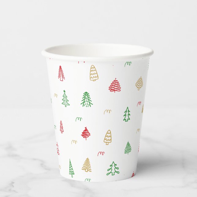 Gobelets En Papier Motif Gold Green Red Christmas Trees (Recto)