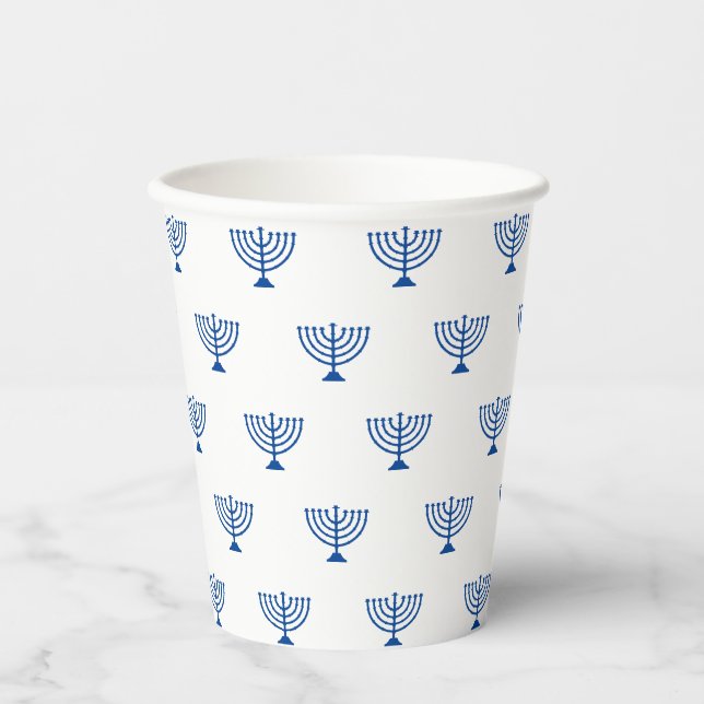 Gobelets En Papier Motif juif menorah bleu et blanc Hanoukka (Recto)