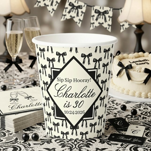 Gobelets En Papier Motif Noir à Ruban Anniversaire Noir et Blanc Vint (Créateur téléchargé)