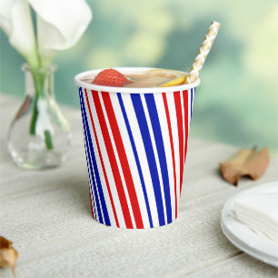 Gobelets En Papier Motif rayures blanches rouges bleues