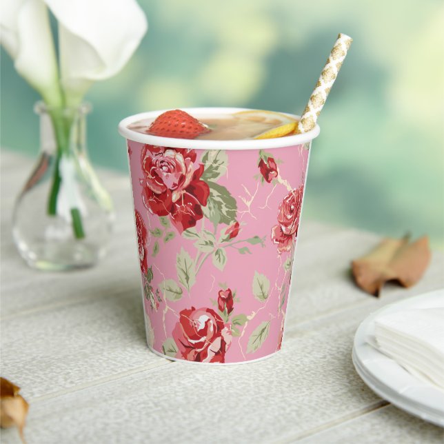Gobelets En Papier Motif rose rouge cerise (Insitu)