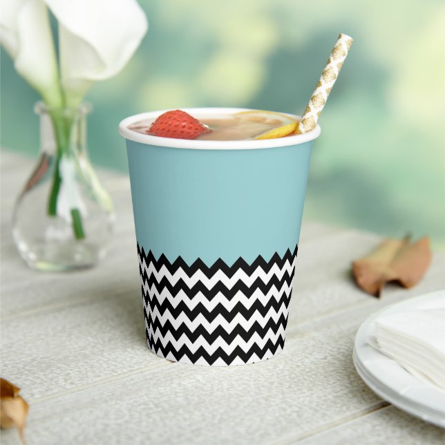 Gobelets En Papier Motif Zigzag noir et blanc, Chevron, Bleu (Insitu)