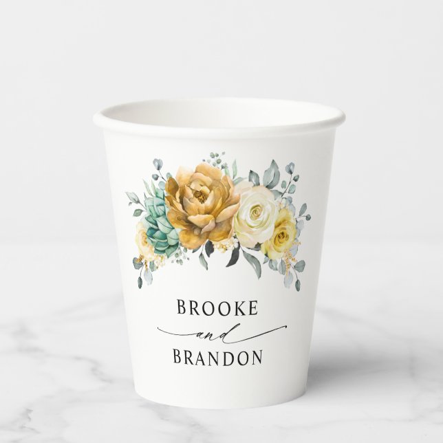 Gobelets En Papier Mustard Jaune Floral Sage Vert Mariage moderne (Recto)