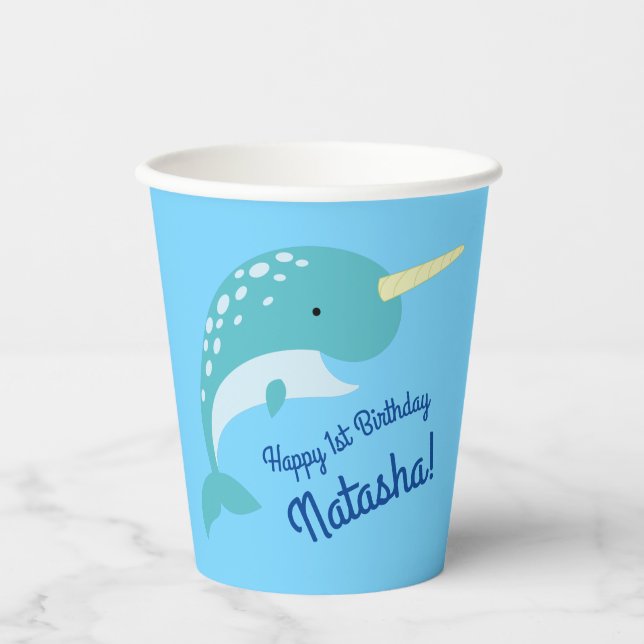 Gobelets En Papier Narwhals Ocean Cute 1er anniversaire fêtes enfants (Recto)