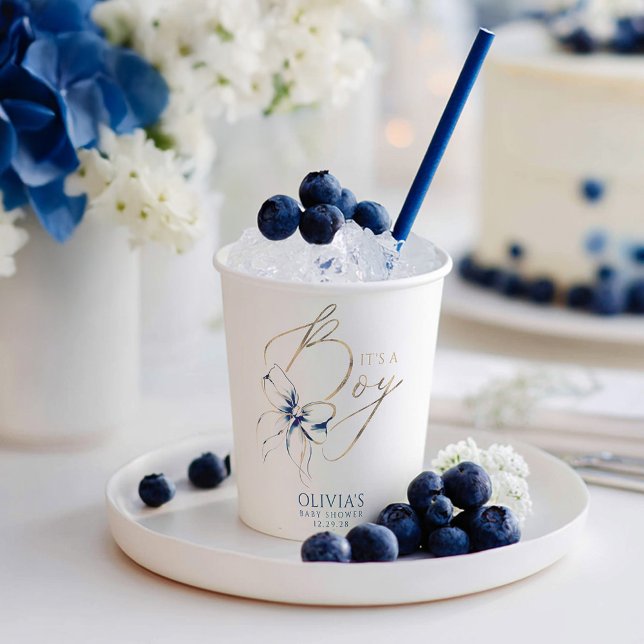 Gobelets En Papier Navy Blue Bow It's A Boy Baby Shower (Navy Blue Bow Baby Shower Paper Cups to celebrate Boy!)