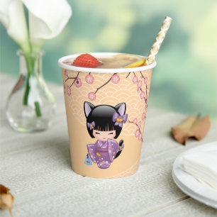 Gobelets En Papier Neko Kokeshi Poupée - Cat Ears Geisha Girl