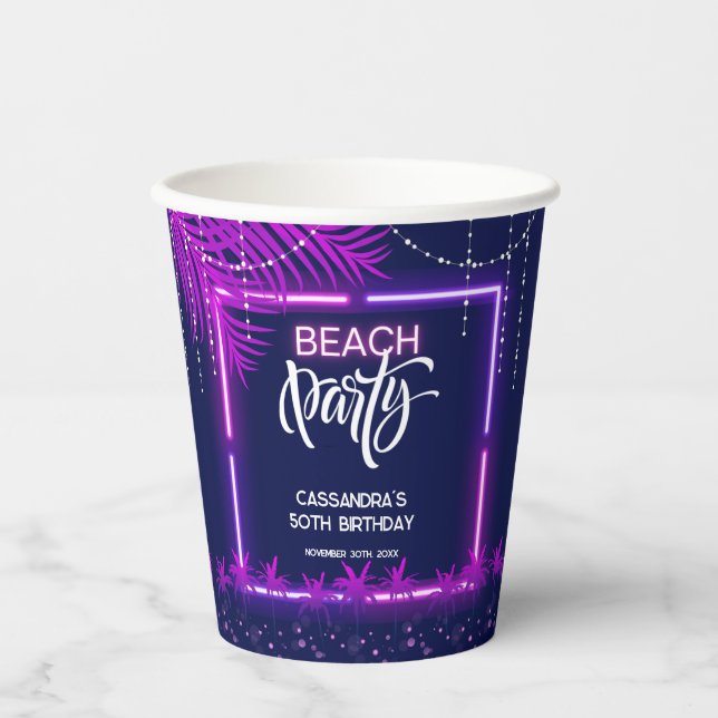 Gobelets En Papier Neon Lights Palm Beach Night Party Anniversaire (Recto)