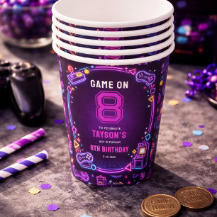 Gobelets En Papier Néon Rétro Jeux d'Arcade pour 8ème Anniversaire