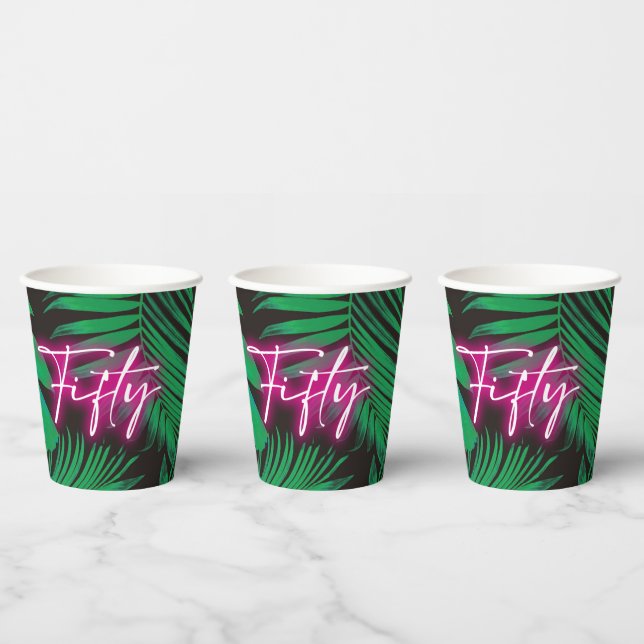 Gobelets En Papier Neon rose Tropical branché 50e anniversaire (Multi)