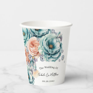 Gobelets En Papier Noces de Diamant Roses Turquoise et Pêche