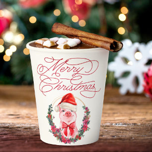 Gobelets En Papier Noël Cochon mignon Fun Blanc Rouge Joyeux Noël