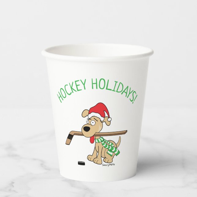 Gobelets En Papier Noël du chien de hockey (Recto)
