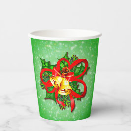 Gobelets En Papier Noël Gold Bells Green Holly Red Ribbon