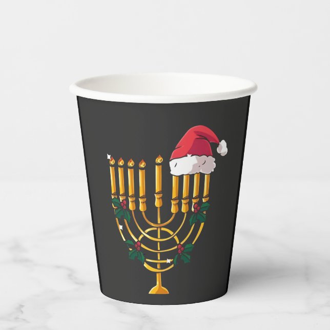 Gobelets En Papier Noël Hanoukka Juif Père Noël Menorah (Recto)
