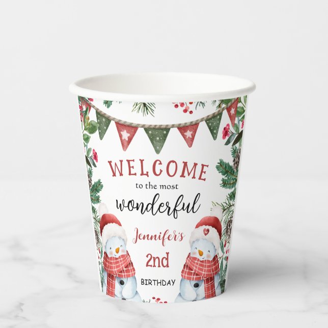 Gobelets En Papier Noël hivernal de mignonne Snowman 2e anniversaire (Recto)