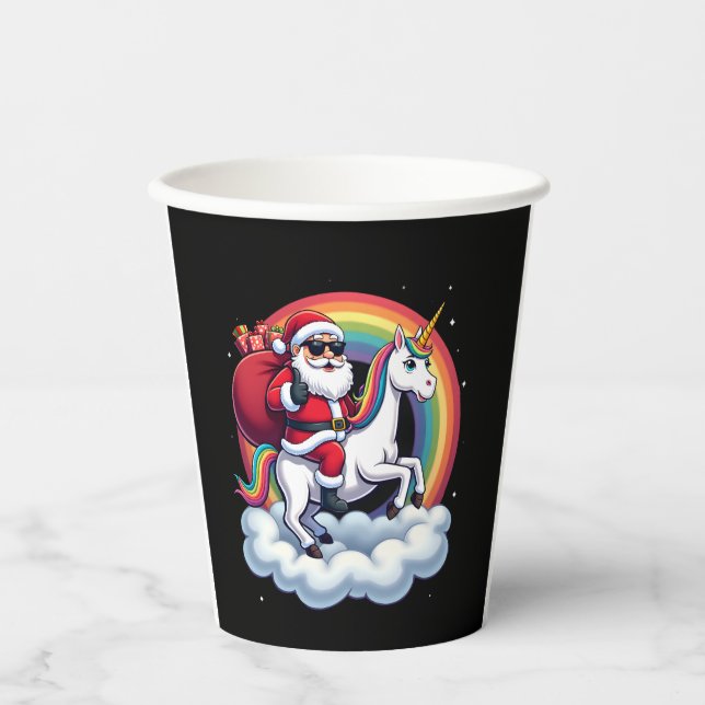Gobelets En Papier Noël Père Noël équitation Unicorne Xmas filles fem (Recto)