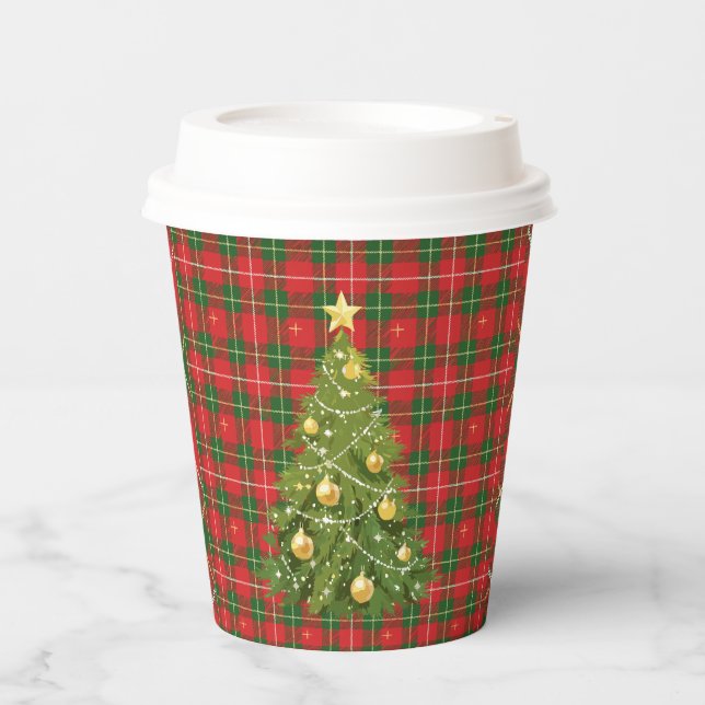 Gobelets En Papier Noël Plaid Rouge, Vert avec Croix d'or (Recto)