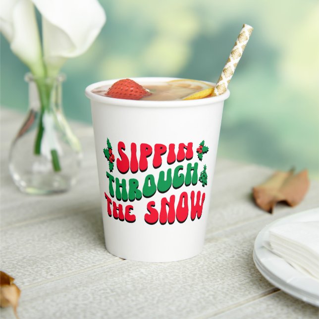 Gobelets En Papier Noël Sippin À Travers La Neige Drôle Hiver (Insitu)