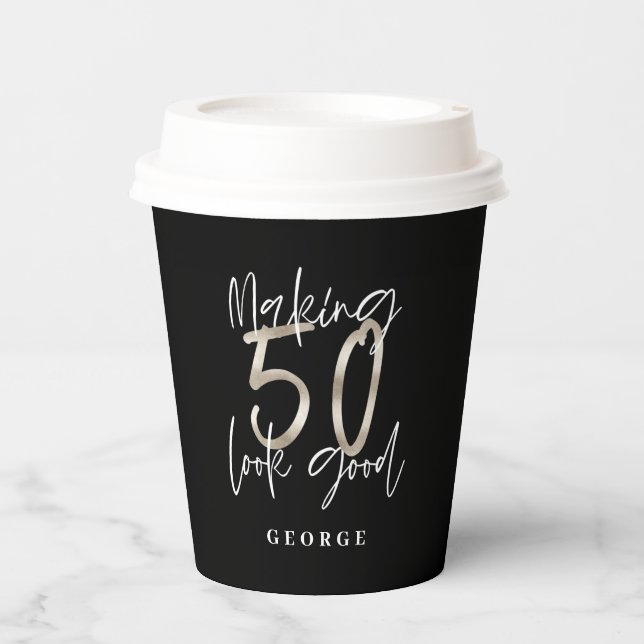 Gobelets En Papier Noir argent 50e anniversaire moderne élégant (Recto)