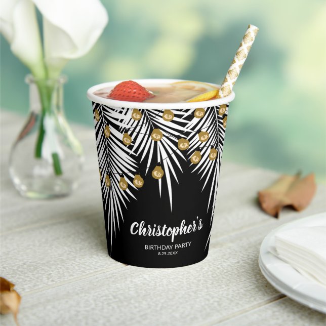 Gobelets En Papier Noir et Or 50e anniversaire Tropical (Insitu)