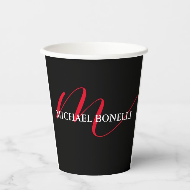 Gobelets En Papier Noir moderne rouge monogramme professionnel (Recto)