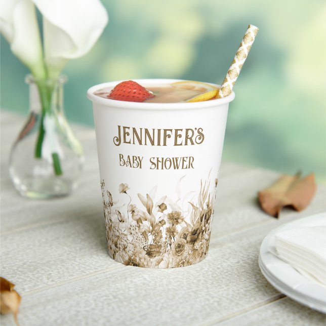 Gobelets En Papier Nom, Baby shower, Texte supplémentaire, Bordure fl (Insitu)