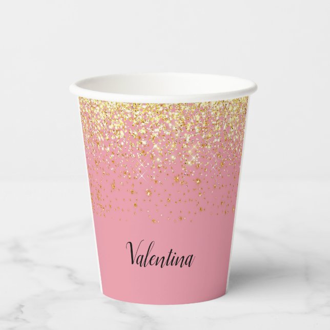 Gobelets En Papier Nom Monogramme Paillettes Or Jaune Rose (Recto)