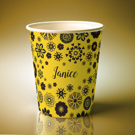 Gobelets En Papier Nom personnalisable Cute Girly Floral Jaune Noir