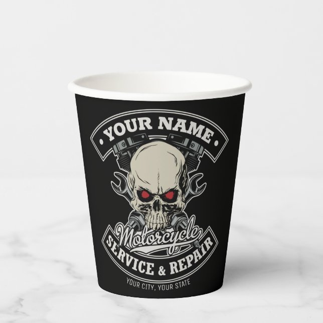 Gobelets En Papier Nom personnalisé Biker Mécanique Skull Motorcycle  (Recto)
