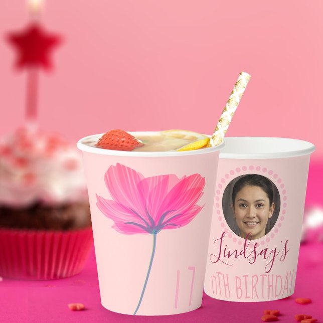 Gobelets En Papier Nom personnalisé et photo rose floral Anniversaire (Créateur téléchargé)