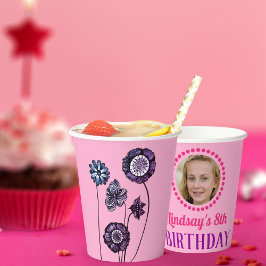 Gobelets En Papier Nom personnalisé et photo rose floral Anniversaire