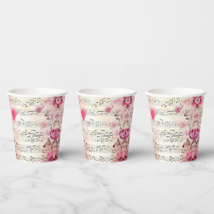 Gobelets En Papier Notes musicales et Motif Vintage Rose