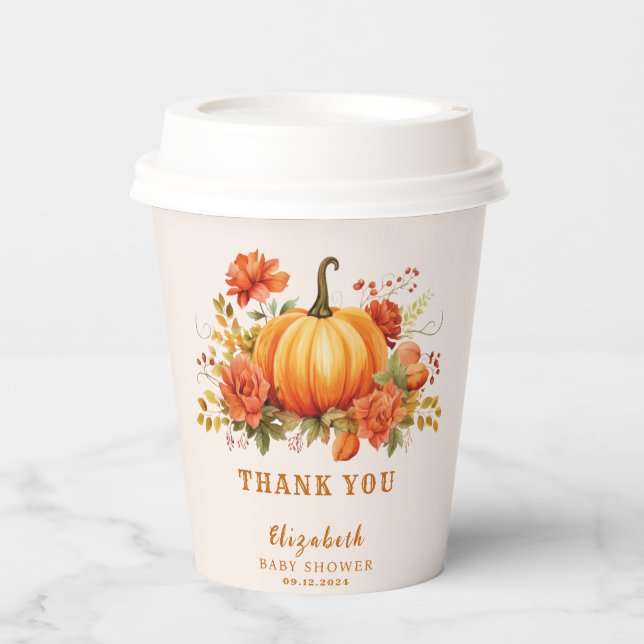 Gobelets En Papier Notre petit Baby shower d'automne fleuri citrouill (Recto)