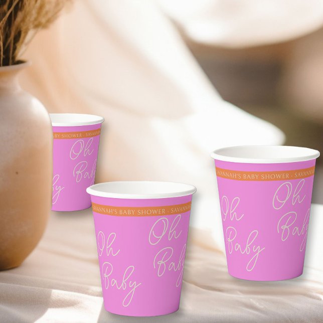 Gobelets En Papier Oh Baby Script rose et orange personnalisé (Oh Baby Baby Shower personalized paper cups from my Tricolor Baby Shower Collection)