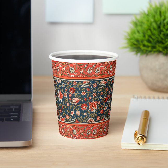 Gobelets En Papier Oiseau et fleurs Perse Motif bleu rouge (Insitu)