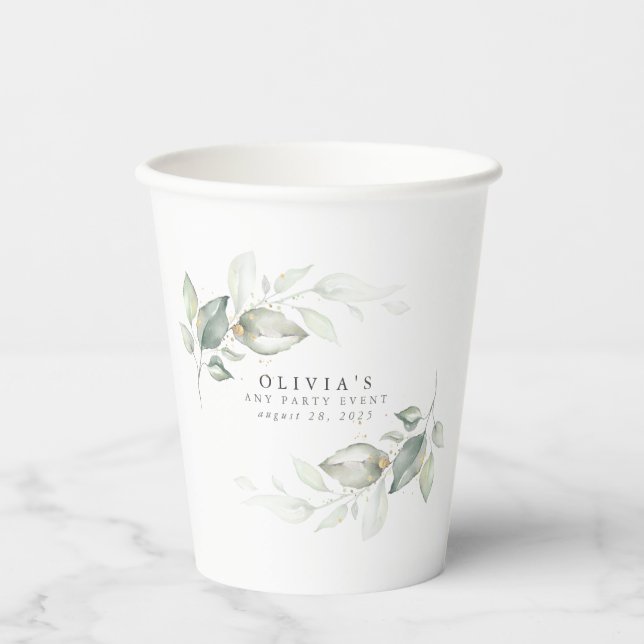 Gobelets En Papier Or Eucalyptus Vert Boho Dreamy Aquarelle (Recto)