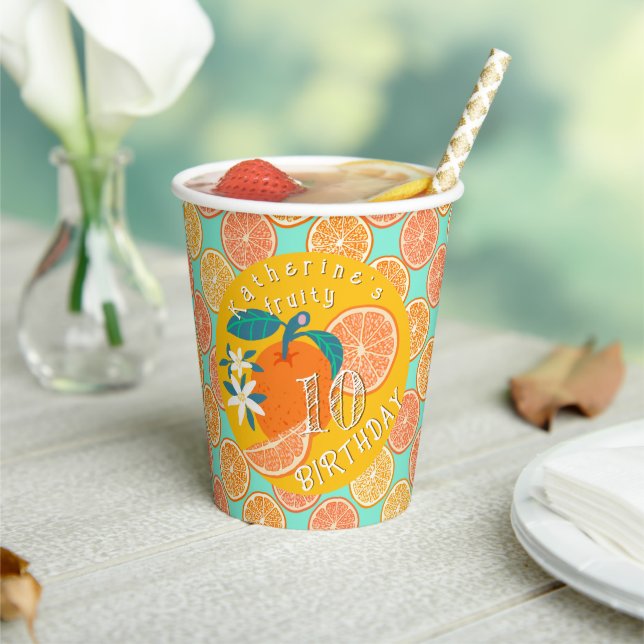 Gobelets En Papier Orange Fruit Anniversaire Turquoise Bleu (Insitu)