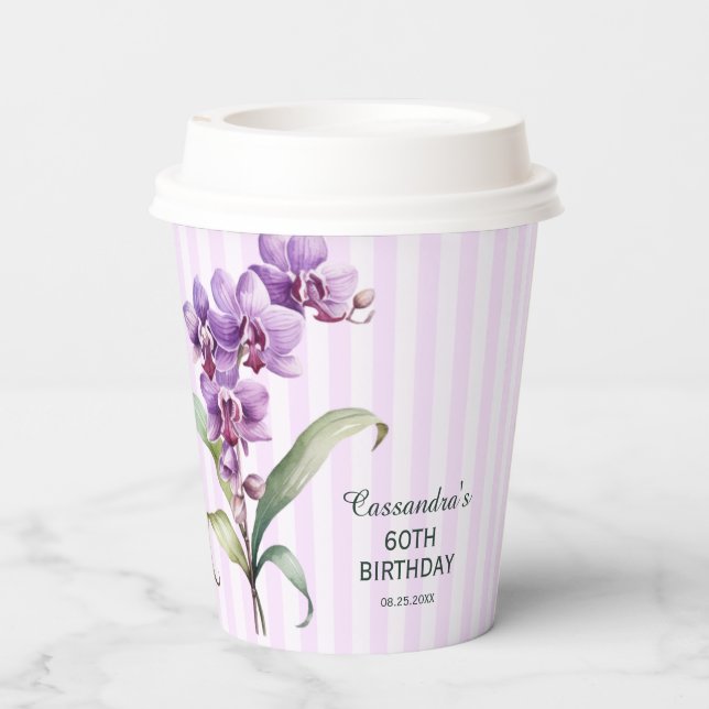 Gobelets En Papier Orchidée violette moderne rayures florales 60e ann (Verso)