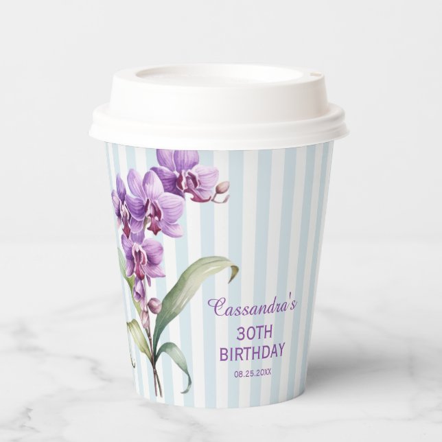 Gobelets En Papier Orchidée violette Vert rayures Floral 30e annivers (Recto)