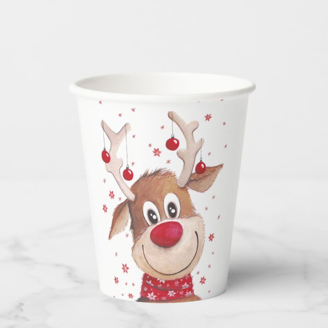 Gobelets En Papier Ornements Rouges Drôles de Renne de Noël (Recto)
