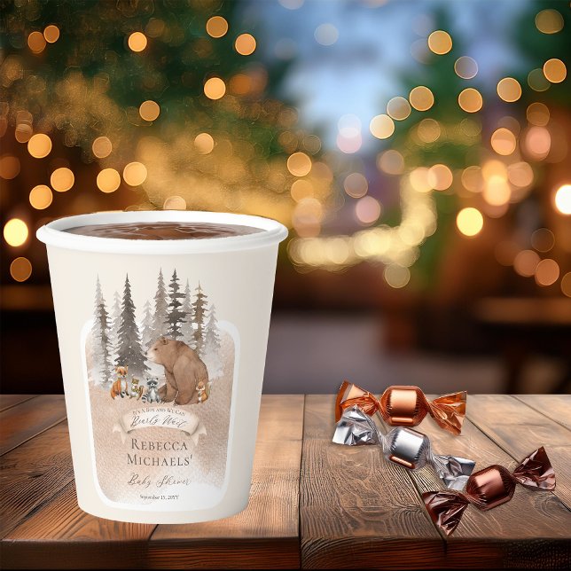 Gobelets En Papier Ours des bois |Animaux Baby shower Bearly Wait Boy (Rustic Woodland Bear and Forest Animals Boy "Bearly Wait" Baby Shower Paper Cups)