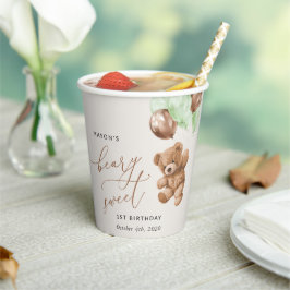 Gobelets En Papier Ours En Conflit, Ballons Verts, Premier Anniversai