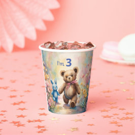 Gobelets En Papier Ours en peluche et lapin dans un jardin pastel