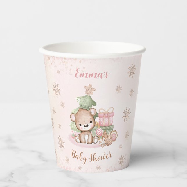 Gobelets En Papier Ours Noël Fille Baby shower Coupes en papier rose (Recto)
