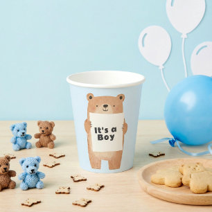 Gobelets En Papier Ours tenant un panneau mignon shower bébé bleu